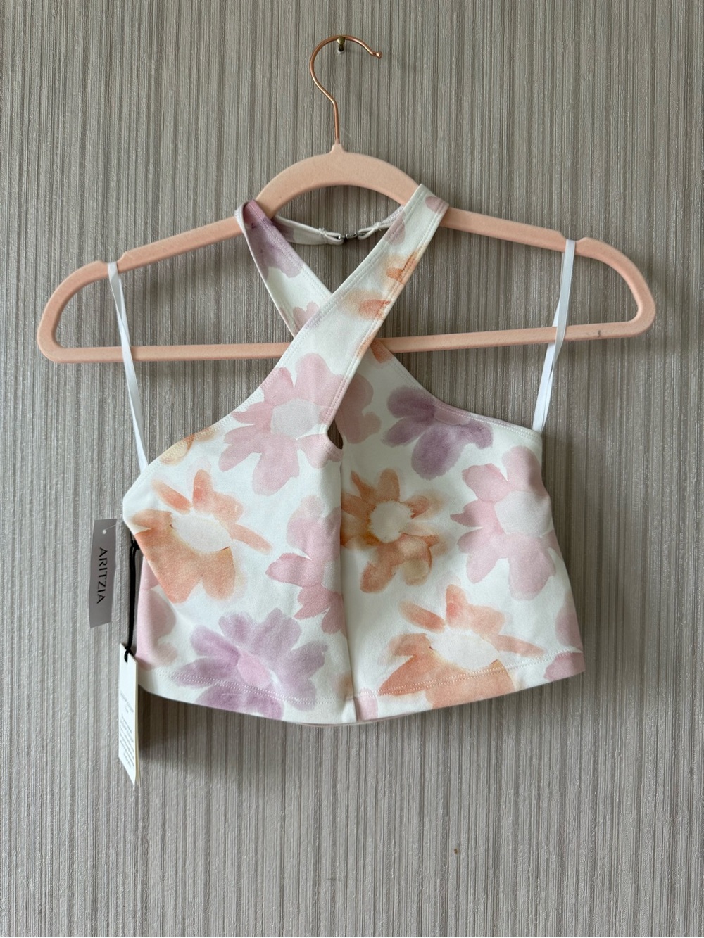 NWT Aritzia Sunday Best - Cross-Back Crop Top - White with Pink & Peach Flowers